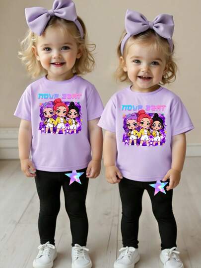 春夏女童休闲时尚创意个性清新简约可爱虚拟少女组合卡通人物彩色星星图案字母印花T恤和打底裤两件套，舒适日常穿着，温暖的夏秋风格，适合春、夏、秋季穿着。