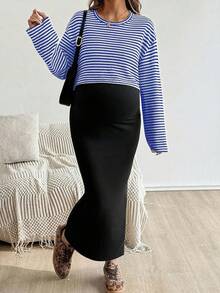 SHEIN 2pcs Set: Raglan Sleeve Striped Top And Solid Color Tight Maternity Outfit, Suitable For Autumn - Royal Blue - View 4