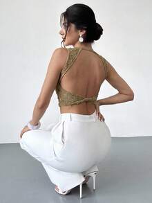 Firerie 女士杏色圆领无袖露背T恤上衣，纹理面料，夏季上衣，女士休闲度假上衣 - 卡其色 - 查看 5