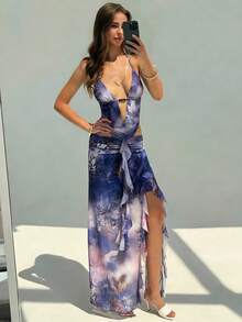 Aloruh 性感深V领露背紧身高开衩连衣裙，夏季度假装 - 紫色 - 查看 4