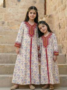 SHEIN Young Girls Minimalist Print Long Sleeve Dress Raditional Elegant Dignified Golden Floral Print, Young Girls Casual Minimalist Traditional Arabic Dress Suitable For Spring/Summer Daily, Festivals, Outings, Elegant Dignified Long Sleeve Arabic Maxi Dress, Prayer Abaya, Easy Comfort, Casual Wear, Vacay Vibes, Modest Kaftan, Kids Jalabiya