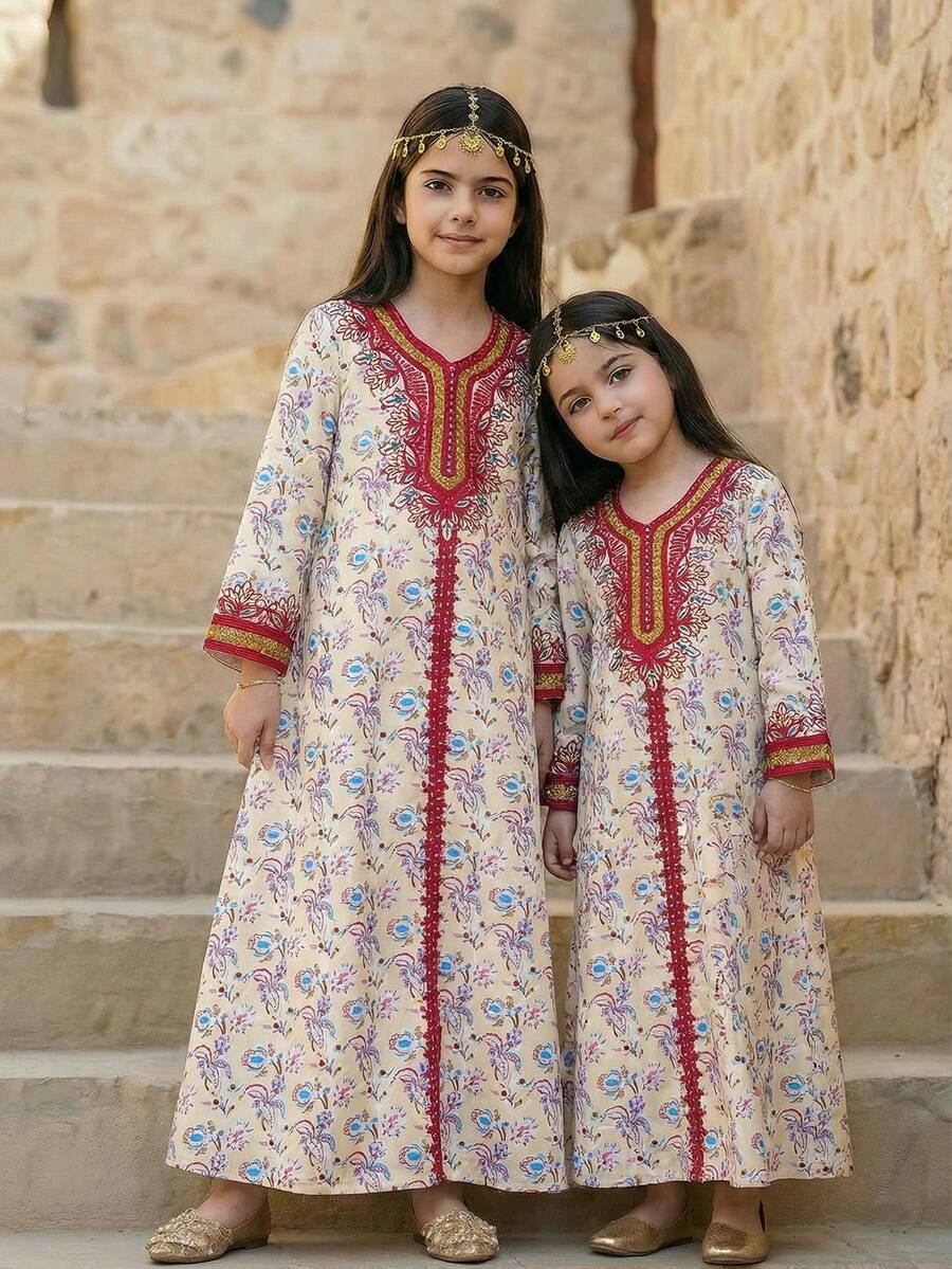 SHEIN Young Girls Minimalist Print Long Sleeve Dress Raditional Elegant Dignified Golden Floral Print, Young Girls Casual Minimalist Traditional Arabic Dress Suitable For Spring/Summer Daily, Festivals, Outings, Elegant Dignified Long Sleeve Arabic Maxi Dress, Prayer Abaya, Easy Comfort, Casual Wear, Vacay Vibes, Modest Kaftan, Kids Jalabiya