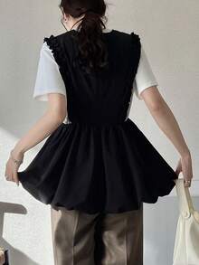 FRIFUL Women's Solid Color Layered Ruched Frill Trim Loose Casual Versatile Tank Top Summer - Black - View 3