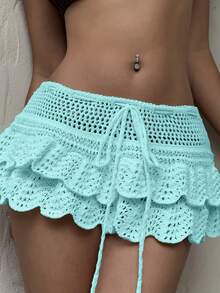 Sunnyshic Women's Vacation Style Beach Ruffle Trim Mini Knit Skirt - Mint Green - View 6