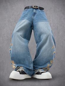 Manfinity Denimwave 秋冬季年轻街头风水洗蓝色直筒宽松花卉植物刺绣牛仔裤 - 藍色 - 查看 6