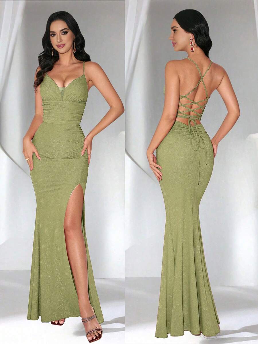 Coutiva Đầm dạ hội nữ thanh lịch lấp lánh, xẻ cao, hở lưng. - màu xanh lá - Xem 1