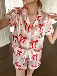 Dream Adore 2 pièces Ensemble de pyjama femme avec nœud papillon et imprimé rayé sur le short à manches courtes, printemps/été/automne - Multicolore - Voir 5