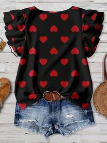 EMERY ROSE Áo kiểu nữ màu đen và đỏ in hình trái tim, thanh lịch, phù hợp cho công sở, lãng mạn và mang hơi hướng ngày Valentine, cổ tròn, tay phồng, thoải mái, thích hợp cho mùa xuân/hè. - Nhiều màu - Xem 2