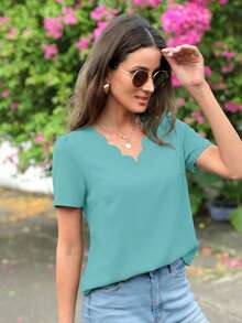SHEIN Clasi Áo kiểu nữ màu trơn cổ chữ V tay phồng ngắn thời trang - Màu xanh bạc hà - Xem 5