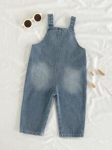 SHEIN Vintaside Kids 男婴牛仔背带裤，复古水洗牛仔面料，时尚舒适，可个性化定制，前口袋，可调节肩带，宽松舒适，适合日常外出、度假、居家、聚会等场合，是一款四季皆宜的百搭时尚单品。 - 藍色 - 查看 2