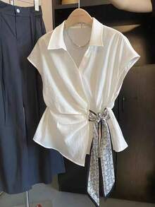 Resyla Women's Fashion Elegant Asymmetrical Hem Bow Tie Blouse White Tie Front Top Tie Front Blouse Blouses Summer Elegant Blouses Tie Up Shirt - Multicolor - View 1