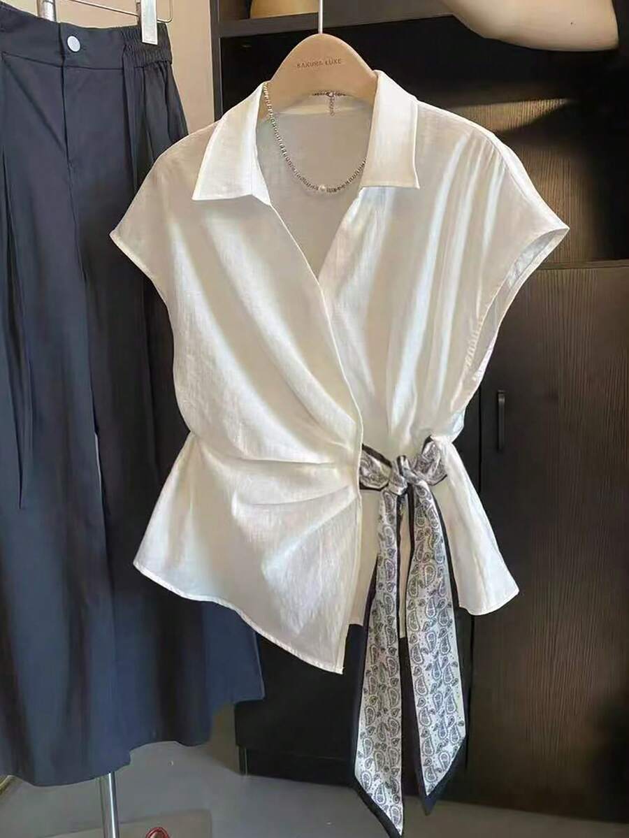 Resyla Women's Fashion Elegant Asymmetrical Hem Bow Tie Blouse White Tie Front Top Tie Front Blouse Blouses Summer Elegant Blouses Tie Up Shirt - Multicolor - View 1