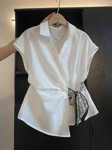 Resyla Women's Fashion Elegant Asymmetrical Hem Bow Tie Blouse White Tie Front Top Tie Front Blouse Blouses Summer Elegant Blouses Tie Up Shirt - Multicolor - View 4