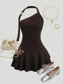 SHEIN Girlism Tween Girls Party Wear New Spiral Gold Decor Design Waist Cinching Flared Skirt Mini Dress, Party Mini Dress, Back To School Party Dress Strap Party Dress Cute Dress Brown Dress Ruched Dress Teen Girl Dress One Shoulder Dress - Coffee - View 1