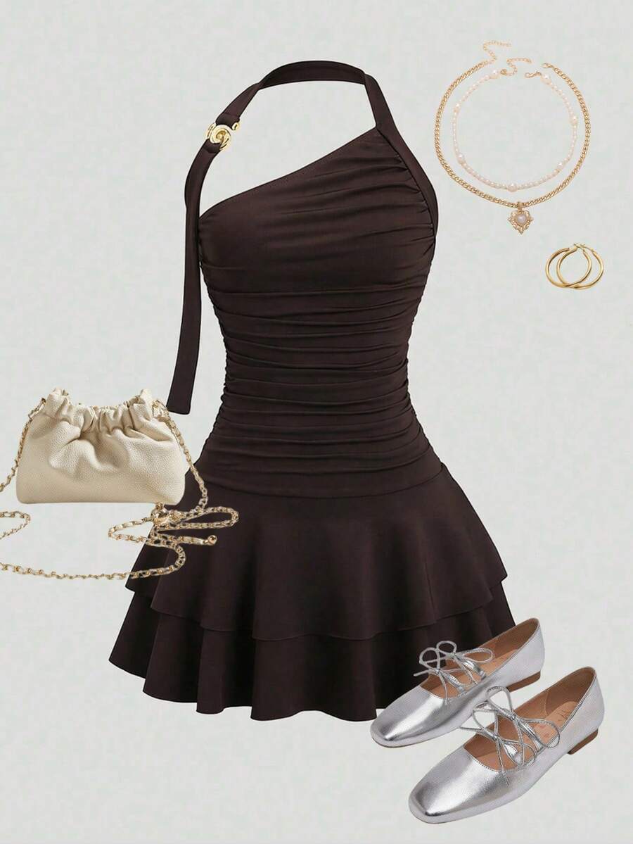 SHEIN Girlism Tween Girls Party Wear New Spiral Gold Decor Design Waist Cinching Flared Skirt Mini Dress, Party Mini Dress, Back To School Party Dress Strap Party Dress Cute Dress Brown Dress Ruched Dress Teen Girl Dress One Shoulder Dress - Coffee - View 1