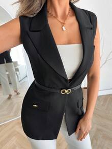 EURMUSE Women's Lapel NeckCasual/Work Sleeveless Blazer - Black - View 5