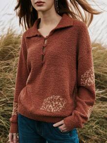 Florisole Women's Thick Jacquard Pattern Knitted Pullover Sweater With Button Decor, Casual Base Layer For Autumn/Winter - Camel - View 1