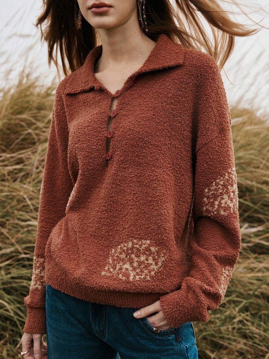 Florisole Women's Thick Jacquard Pattern Knitted Pullover Sweater With Button Decor, Casual Base Layer For Autumn/Winter - Camel - View 1