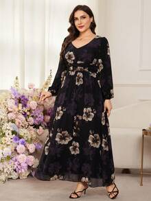 Modelyn 浪漫雪纺印花长袖A字加大码连衣裙，春夏款 - 彩色 - 查看 6