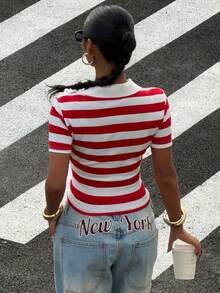 Muchica Áo thun nữ tay ngắn cổ polo kẻ sọc đỏ trắng ôm dáng - Đỏ và trắng - Xem 2