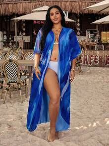 Swim Vcay Plus Size Women Loose Random Floral Print Beach Vacation Kimono - Blue - View 6