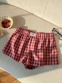 SHEIN EZwear Quần short ống rộng dệt kẻ caro đỏ dành cho nữ - Đỏ - Xem 5