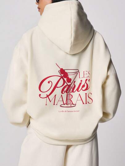 MISSGUIDED Women Oversized Hoodie With Paris Martini Glass Back Print French Inspired Casual Pullover Long Sleeve