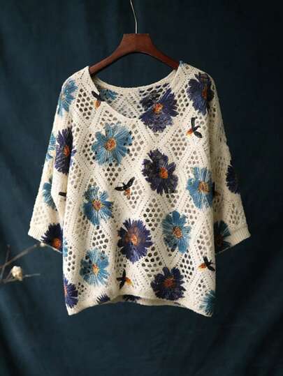 EMERY ROSE 2026 大码女装时尚休闲简约百搭短袖毛衣，小V领，镂空动物花卉印花，适合日常穿着