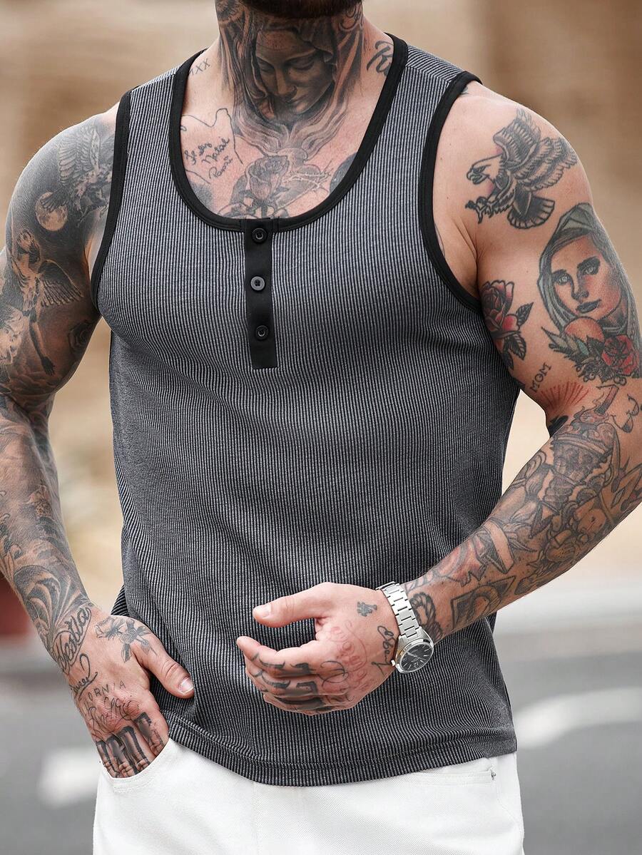 Manfinity CasualCool 男士无袖背心，半开襟纽扣设计，修身版型，黑灰条纹提花背心 - 深灰色 - 查看 1