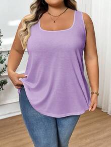 SHEIN CURVE+ 大码女式时尚宽松舒适无袖T恤背心 - 淡紫色 - 查看 8