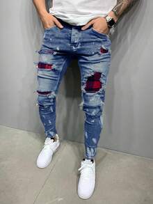 ROMWE MEN Grunge Punk Men's Pocket Distressed Skinny Casual Jeans