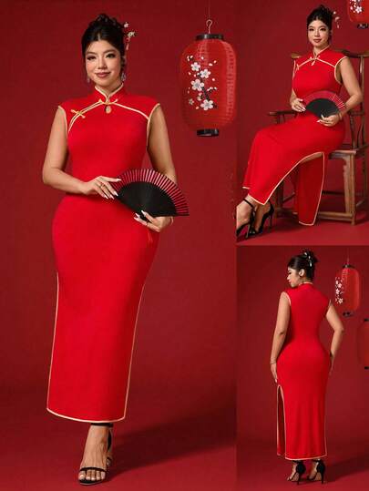 Elenzga Plus Size Chinese New Year Sleeveless Contrast Color Cheongsam Elegant Midi Dress Chinese Style Dress Red Dinner Dress Red Elegant Dress Women Cheongsam Dress Qipao Dress