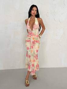 SHEIN PETITE Đầm mini dáng chữ A thanh lịch, hở lưng, in họa tiết hoa tử đằng, điểm nhấn nơ, thích hợp cho những buổi hẹn hò lãng mạn, tiệc tùng, các sự kiện trang trọng, đầm phù dâu, đầm sinh nhật, mùa xuân/hè. - Vàng nhạt - Xem 6