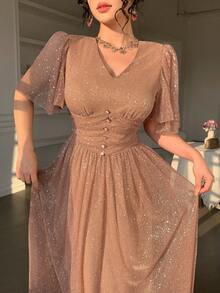 DAZY 女士优雅亮片V领荷叶袖抽绳连衣裙，夏季婚礼宾客礼服闪亮长裙吊带裙 - 金色 - 查看 5