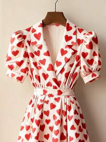 Franclia Women's Elegant Heart Print Mid-Length Dress Heart Dress Puffy Sleeve Dress Heart Print Dress Womens Heart Dress Tea Dress Womens Dress Party Dress Womens Heart Print Dress Red Heart Dress - Multicolor - View 4