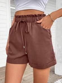 SHEIN LUNE Quần short nữ dáng suông, cạp chun, gấu quần xắn, màu trơn, kiểu túi giấy, đa năng cho đi làm hàng ngày và mùa hè. - Cocoa - Xem 3