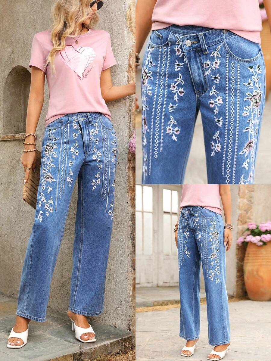 SHEIN LUNE 女士休闲花卉刺绣重叠腰部直筒牛仔裤，适合度假和日常通勤 - 藍色 - 查看 1