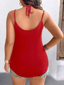 EMERY ROSE Plus Size Women Solid Color Contrast Lace Button Design Fashion Camisole - Red - View 2