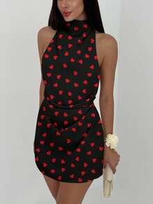 Aloruh 女士休闲优雅露背吊带系带情人节爱心印花迷你连衣裙，情人节连衣裙，爱心连衣裙，适合约会、派对等场合 - 紅色和黑色 - 查看 6