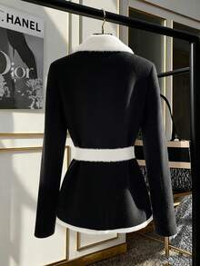 Franclia 女士秋冬优雅时尚翻领黑白长袖通勤正式金属扣假口袋开衫，适合秋冬季、新年、感恩节、派对、婚礼等场合，优雅休闲。 - 黑與白 - 查看 2