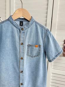 男童休闲水洗牛仔短袖上衣，夏季 - 藍色 - 查看 3