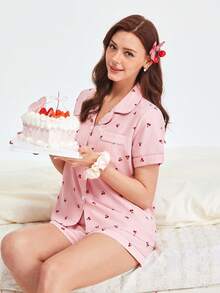 Bonmuse 3件套皱红樱桃印花短袖开衫、短裤和长裤睡衣套装 - 粉色 - 查看 1