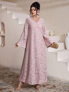 Al Najma Đầm ren dệt kim kiểu Ả Rập thanh lịch, cổ chữ V, tay dài, dành cho nữ, mùa xuân/hè. - Hồng - Xem 4