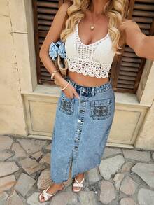 Falda vaquera casual con botones para mujer, azul de verano para mujer, falda vaquera, falda para vacaciones, playa para mujer, concierto para mujer, estilo bohemio, falda larga para mujer - Lavado ligero 2 - Ver 6