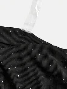 SHEIN Girlism 少女派对礼服，黑色亮片露肩褶皱腰部交叉前襟，鱼尾裙摆，无袖蕾丝边修身长裙，优雅适合派对、重要家庭聚会、各种场合、返校/校园风、派对、通勤、购物、婚礼、生日派对、舞会和伴娘活动，褶皱高开衩正式晚礼服，适合舞会、毕业典礼等场合。 - 黑色 - 查看 3