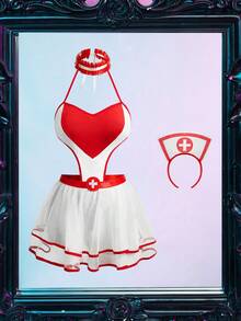 Fantasy Costume 超大爱心护士服双层蛋糕裙，浪漫情人节礼物，适合酒吧、派对、化装舞会、女士服装 - 紅白色 - 查看 5