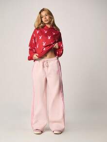 Missguided x Playboy 超大兔子印花连帽衫，带抽绳长袖休闲套头衫，秋冬季舒适卫衣家居服，情人节特惠 - 紅色 - 查看 3