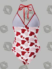 Betty Boop x SHEIN Women's Summer Vacation Heart & Cartoon Pattern Hollow Out Halter One-Piece Swimsuit - Red and White - View 2