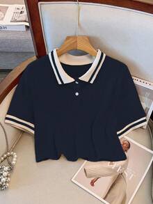 GlowEve CURVE 大码撞色 Polo 领休闲夏季针织 T 恤 - 藏蓝色 - 查看 1
