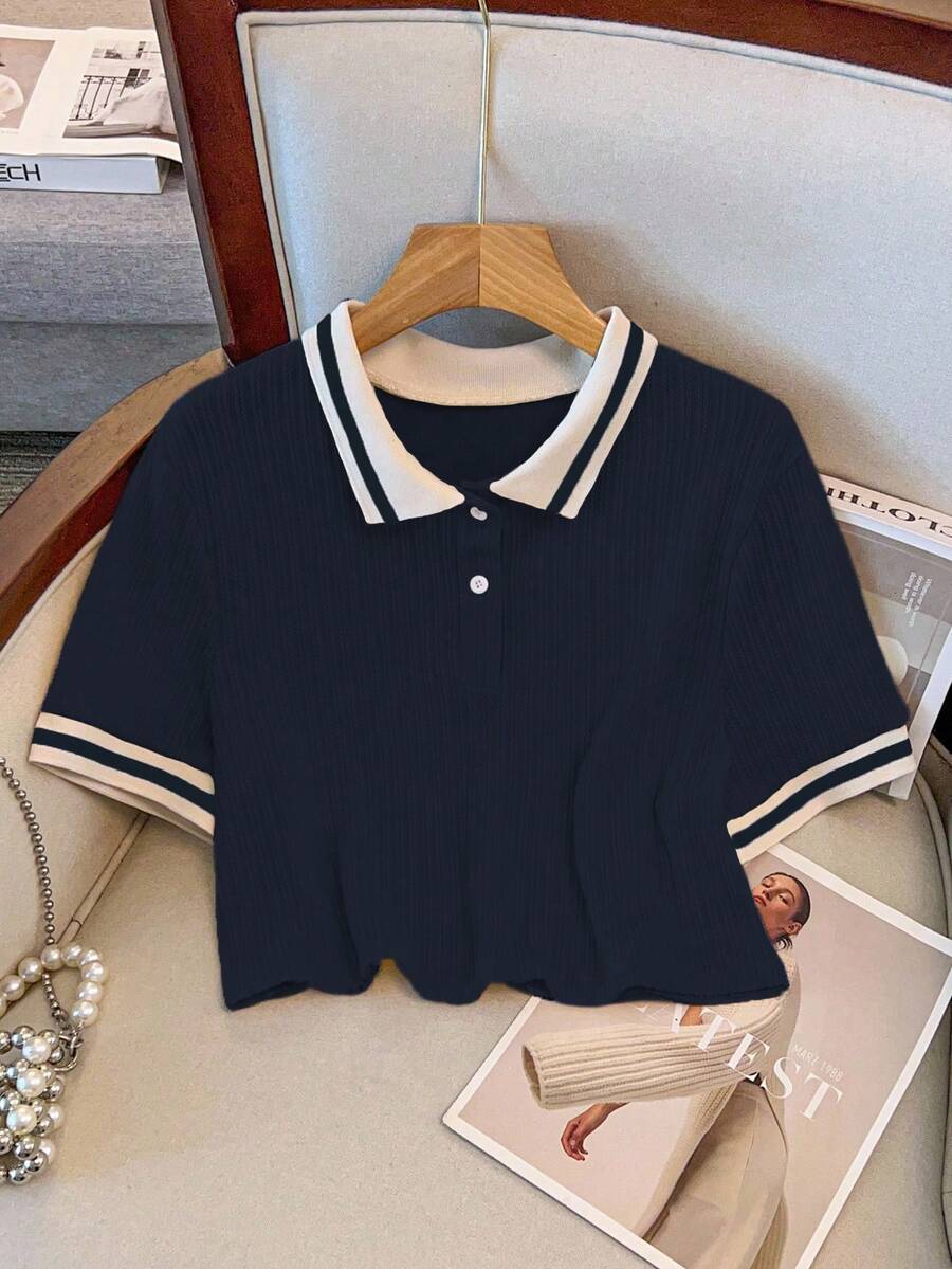 GlowEve CURVE 大码撞色 Polo 领休闲夏季针织 T 恤 - 藏蓝色 - 查看 1
